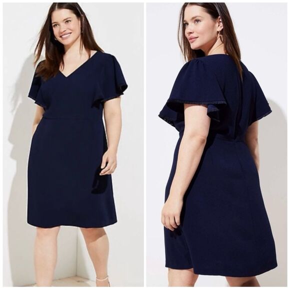 LOFT Fringe Trimmed Flutter Sleeve Dress in Navy - Picture 5 of 11
